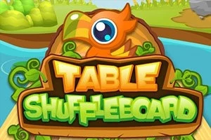 Chữ TABLE SHUFFLEBOARD màu vàng và xanh lá cây nổi bật trên nền phong cảnh sông nước với cây cối xanh tươi