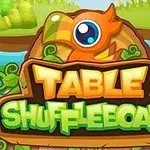 Chữ TABLE SHUFFLEBOARD màu vàng và xanh lá cây nổi bật trên nền phong cảnh sông nước với cây cối xanh tươi