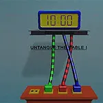 Một màn hình hiển thị đồng hồ đếm ngược 10:00 với ba dây cáp màu sắc xoắn lại trên bảng điều khiển, có dòng chữ UNTANGLE THE CABLE!