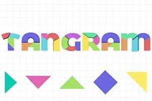 Chữ TANGRAM được tạo thành từ các mảnh hình học nhiều màu sắc, phía dưới là các hình tam giác, hình thoi, và các hình dạng khác