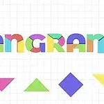 Chữ TANGRAM được tạo thành từ các mảnh hình học nhiều màu sắc, phía dưới là các hình tam giác, hình thoi, và các hình dạng khác