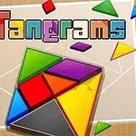 Minh họa hình ảnh các mảnh ghép tangram nhiều màu sắc với dòng chữ Tangrams phía trên