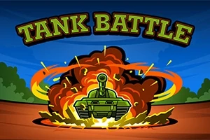 Một chiếc xe tăng xanh lục đang lao qua vụ nổ lớn với khói và lửa, với dòng chữ TANK BATTLE phía trên