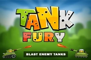 Hình ảnh với chữ TANK FURY đầy màu sắc trên nền xanh lá cây, hai bên là các xe tăng đang bắn đạn