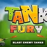 Hình ảnh với chữ TANK FURY đầy màu sắc trên nền xanh lá cây, hai bên là các xe tăng đang bắn đạn