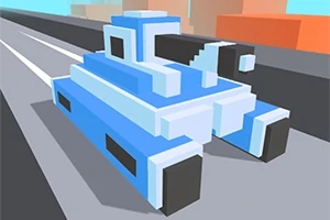 Xe tăng màu xanh lam phong cách voxel di chuyển trên con đường với khung cảnh thành phố đơn giản phía sau