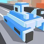 Xe tăng màu xanh lam phong cách voxel di chuyển trên con đường với khung cảnh thành phố đơn giản phía sau