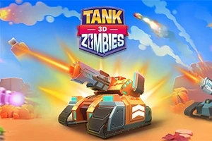 Một chiếc xe tăng đang bắn tia laser với bối cảnh sa mạc đầy màu sắc và tiêu đề TANK 3D ZOMBIES nổi bật ở phía trên