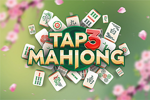 Các quân cờ mạt chược được sắp xếp trên nền xanh lá cây, xung quanh là chữ Tap 3 Mahjong lớn ở giữa, kèm theo hoa anh đào mờ ảo