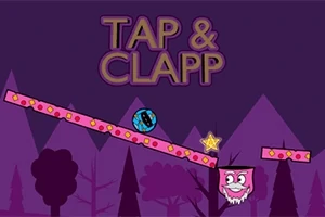Hình ảnh có nền rừng màu tím với tựa đề Tap & Clapp, một quả bóng xanh, một ngôi sao vàng, và một hình vuông hồng có mặt cười trên các thanh ngang