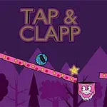Hình ảnh có nền rừng màu tím với tựa đề Tap & Clapp, một quả bóng xanh, một ngôi sao vàng, và một hình vuông hồng có mặt cười trên các thanh ngang