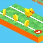 Con vịt vàng đang di chuyển trên đường kẻ vạch trắng với ba đồng xu vàng trên nền xanh