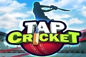 Hình ảnh có hình bóng cầu thủ cricket đang đánh, với chữ TAP CRICKET nổi bật trước quả bóng cricket trên nền sân vận động