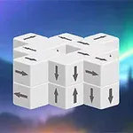 Khối lập phương màu trắng với các mũi tên chỉ hướng khác nhau trên nền trời nhiều màu sắc
