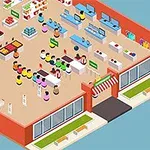 Một cửa hàng siêu thị được thiết kế dưới dạng hình ảnh isometric với các gian hàng, quầy thu ngân và khách hàng đang mua sắm