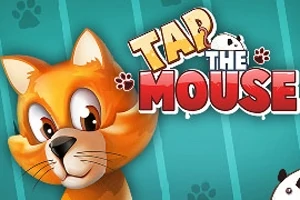 Một con mèo hoạt hình màu cam nhìn vui vẻ, với các chú mèo con và dòng chữ lớn TAP THE MOUSE trên nền xanh lam