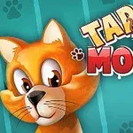 Một con mèo hoạt hình màu cam nhìn vui vẻ, với các chú mèo con và dòng chữ lớn TAP THE MOUSE trên nền xanh lam