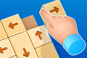 Bàn tay đang trượt một ô gỗ có mũi tên trên bảng ghép ô nền xanh