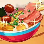 Một tô ramen hoạt hình với trứng, thịt, rong biển và hành lá được trang trí lấp lánh