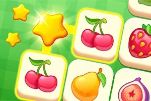 Các ô hình chữ nhật màu trắng chứa hình ảnh trái cây như cherry, lê, và quả sung, cùng với các ngôi sao màu vàng nổi bật trên nền màu xanh lá cây