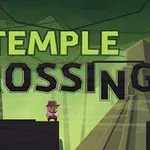 Một nhân vật nhỏ đội mũ đứng trên bệ giữa rừng cây xanh, phía sau là chữ lớn TEMPLE CROSSING