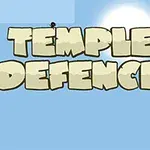 Dòng chữ TEMPLE DEFENCE màu be nổi bật trên nền trời xanh với mặt trời ở phía sau