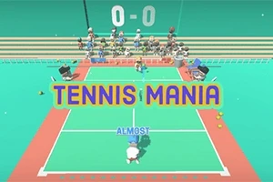 Một sân quần vợt với dòng chữ TENNIS MANIA nổi bật ở giữa, có nhiều nhân vật hoạt hình đang xem từ khán đài và một cầu thủ trên sân