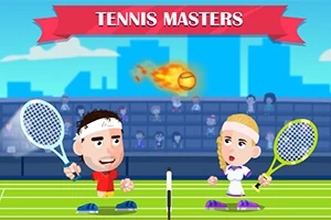 Hình ảnh hai nhân vật hoạt hình chơi tennis với bóng lửa bay qua lưới trên sân thi đấu
