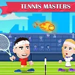 Hình ảnh hai nhân vật hoạt hình chơi tennis với bóng lửa bay qua lưới trên sân thi đấu