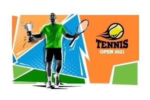 Vận động viên cầm cúp và vợt tennis trên nền màu sắc với dòng chữ Tennis Open 2021