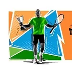Vận động viên cầm cúp và vợt tennis trên nền màu sắc với dòng chữ Tennis Open 2021