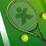 Vợt tennis và ba quả bóng tennis trên nền xanh lá
