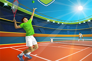 Hai người đang chơi tennis trên sân với ánh sáng mặt trời rực rỡ và khán đài xung quanh