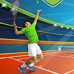 Hai người đang chơi tennis trên sân với ánh sáng mặt trời rực rỡ và khán đài xung quanh