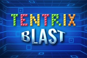 Chữ Tentrix Blast nhiều màu sắc nổi bật trên nền xanh với các họa tiết hình vuông và khối lập phương