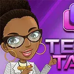 Hình ảnh nhân vật hoạt hình nữ đeo kính, nhìn và chỉ về phía chữ TEXT TALK trên nền màu tím với biểu tượng bong bóng hội thoại