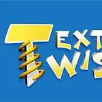 Hình ảnh có nền màu xanh với dòng chữ Text Twist 2 nổi bật, chữ T lớn màu vàng với thiết kế xoắn ở phía trái
