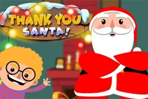 Ông già Noel đang đứng cạnh một em bé đeo kính trong một căn phòng được trang trí với chữ Thank You Santa!
