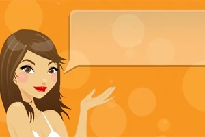 Hình ảnh một người phụ nữ hoạt hình với mái tóc nâu, đang cười và chỉ tay về ô hội thoại trống trên nền màu cam