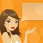 Hình ảnh một người phụ nữ hoạt hình với mái tóc nâu, đang cười và chỉ tay về ô hội thoại trống trên nền màu cam