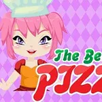 Hình ảnh nhân vật hoạt hình tóc hồng đội mũ đầu bếp cùng chữ The Best Pizza trên nền màu tím