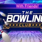 Các quả bóng bowling bay xung quanh logo The Bowling Club trên nền sàn gỗ với ánh sáng neon