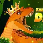 Khủng long đội vương miện vàng với chữ The Dino King phát sáng trên nền rừng xanh