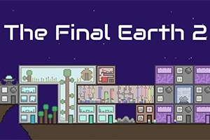 Hình ảnh hiển thị một thành phố tương lai với các tòa nhà pixel trên bầu trời đêm, có dòng chữ “The Final Earth 2”