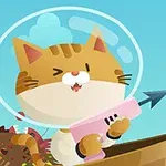 Một con mèo dễ thương đội mũ bảo hiểm trong suốt đang cầm súng phóng lao màu hồng trên ngồi trên thuyền