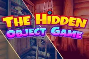 Hình ảnh có dòng chữ The Hidden Object Game với hình nền là một căn phòng gỗ, cầu thang và kệ sách