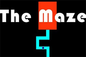 The Maze Game Chữ The Maze màu trắng trên nền đen với một đường mê cung màu xanh dương phát sáng dẫn từ phía dưới lên hộp màu đỏ nằm giữa chữ