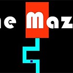 The Maze Game Chữ The Maze màu trắng trên nền đen với một đường mê cung màu xanh dương phát sáng dẫn từ phía dưới lên hộp màu đỏ nằm giữa chữ