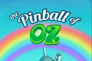 Hình ảnh có dòng chữ The Pinball of Oz trên nền cầu vồng với một phần mũ kim loại nhô lên phía dưới