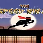 Một ninja đeo khăn đỏ chạy trên mái nhà dưới ánh trăng tròn với bầu trời màu tím cam ở phía sau